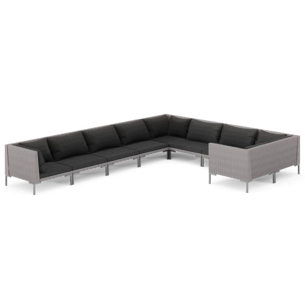 Set Divani da Giardino 9 pz con Cuscini Polyrattan Grigio Scuro