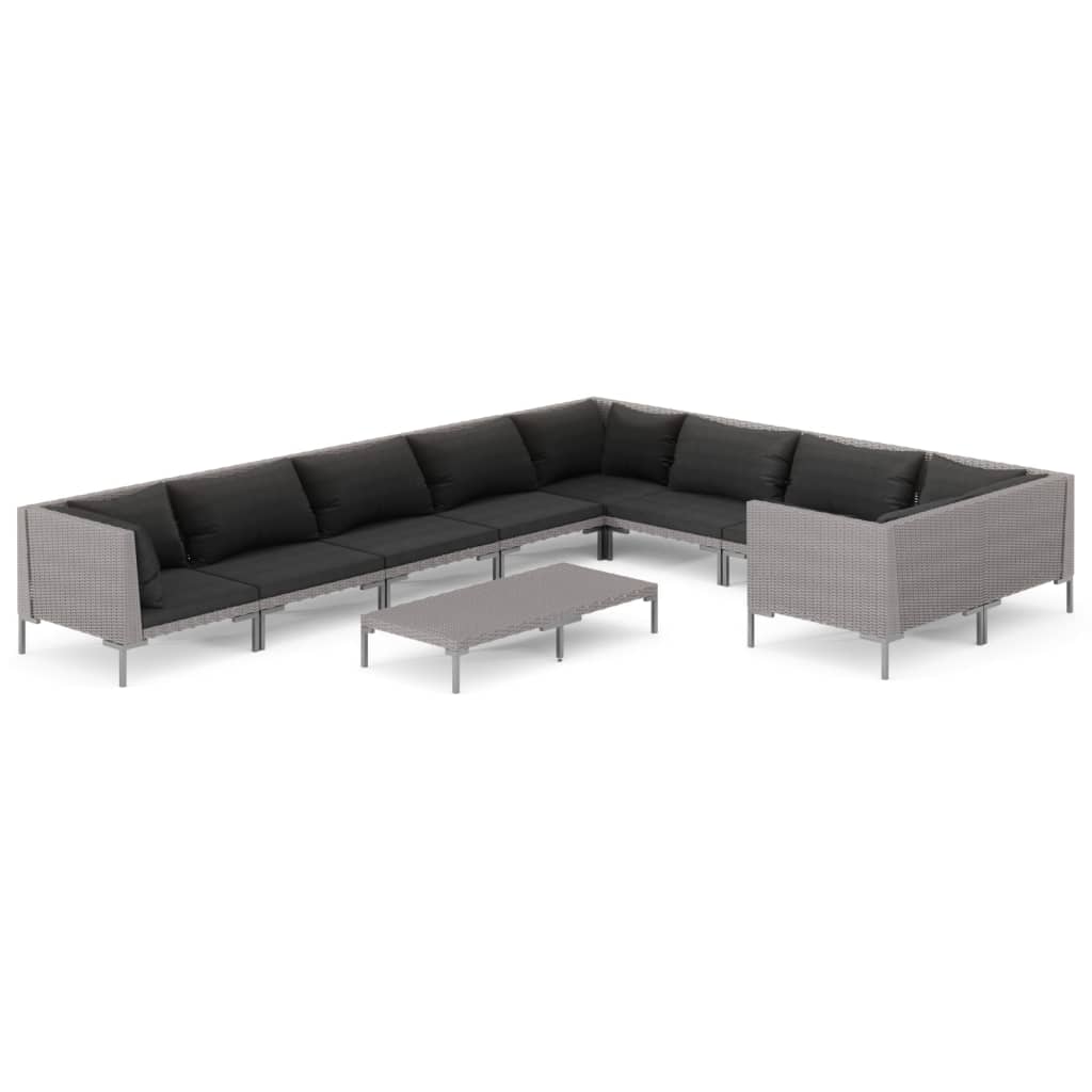 Divani da Giardino 10 pz con Cuscini in Polyrattan Grigio Scuro