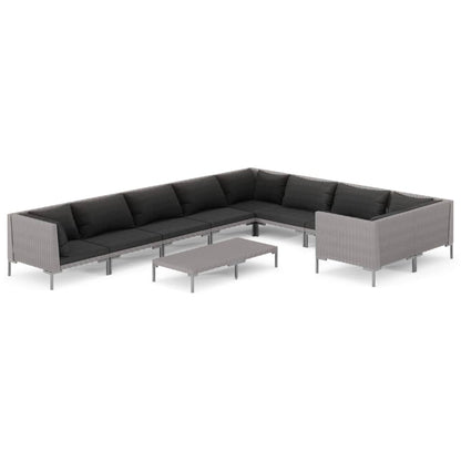 Divani da Giardino 10 pz con Cuscini in Polyrattan Grigio Scuro
