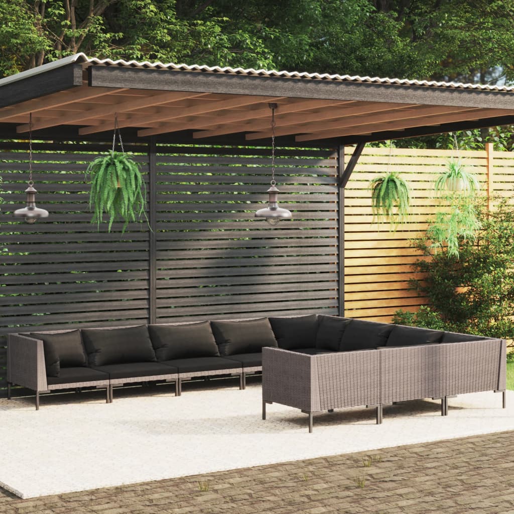 Divani da Giardino 10 pz con Cuscini in Polyrattan Grigio Scuro