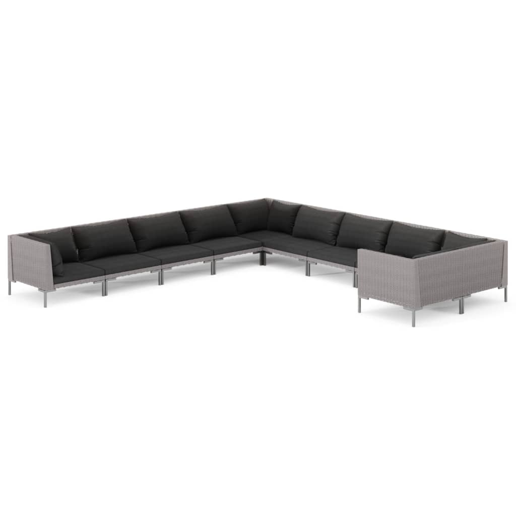 Divani da Giardino 10 pz con Cuscini in Polyrattan Grigio Scuro