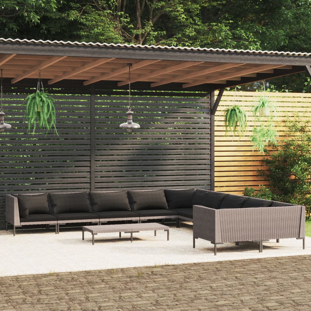 Divani da Giardino 11 pz con Cuscini in Polyrattan Grigio Scuro