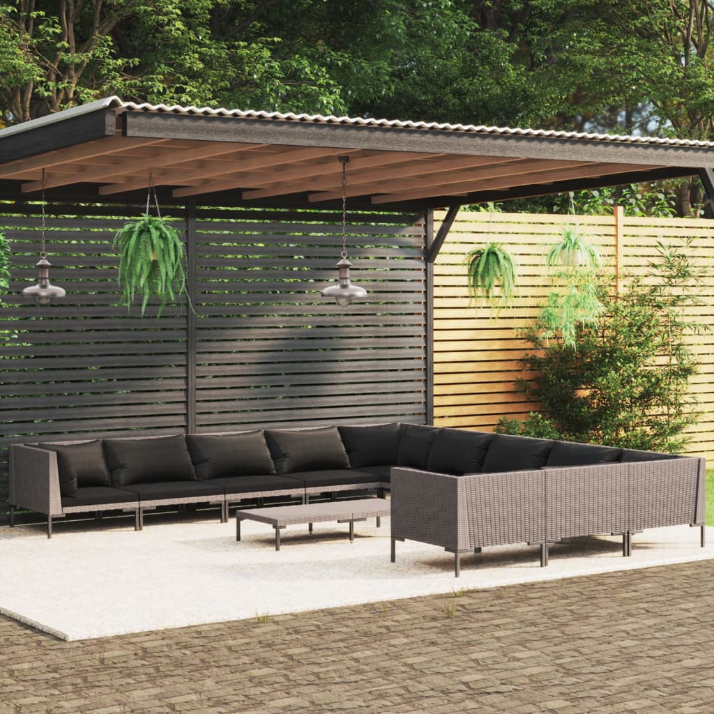 Divani da Giardino 12 pz con Cuscini in Polyrattan Grigio Scuro