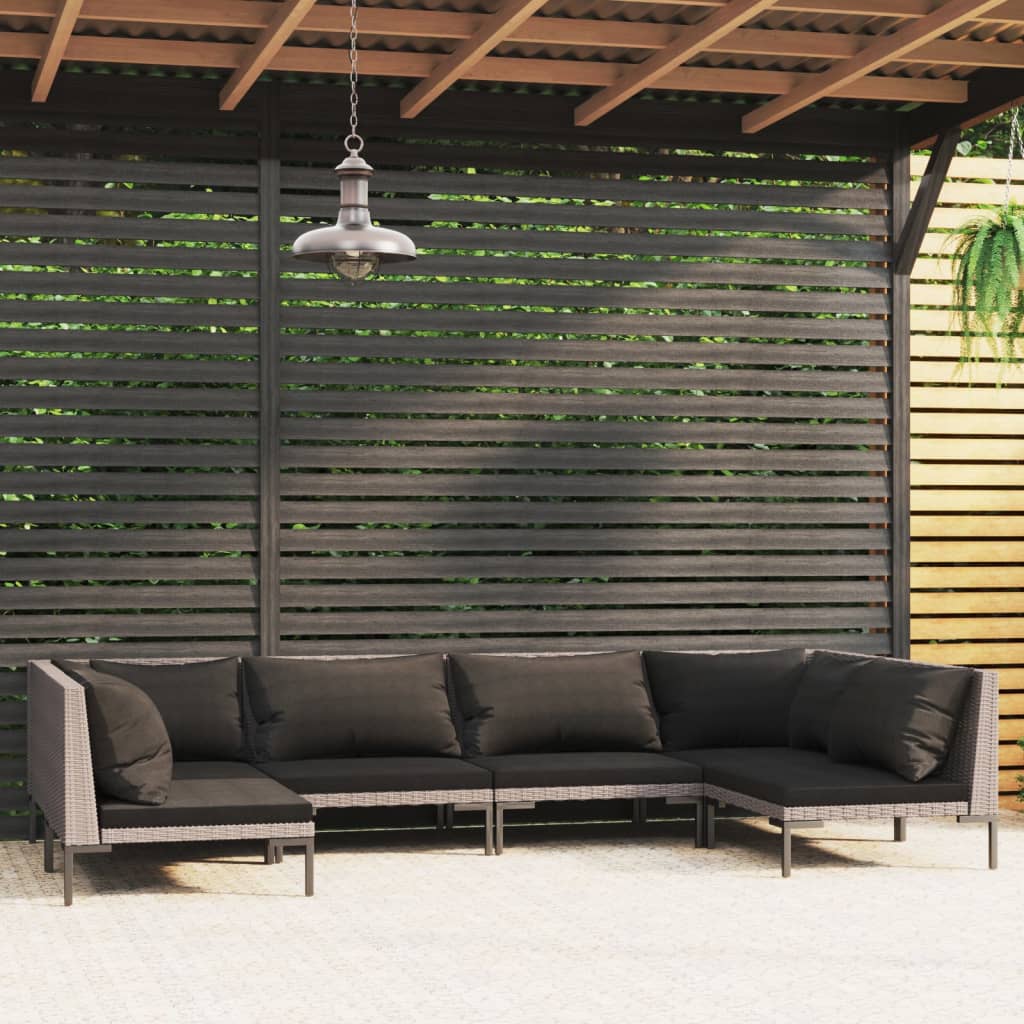 Divani da Giardino 6 pz con Cuscini in Polyrattan Grigio Scuro