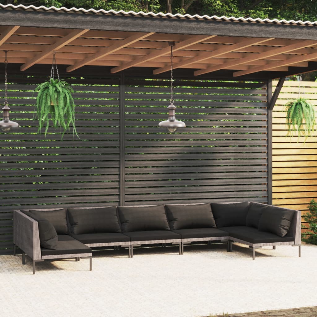 Set Divani da Giardino 7 pz con Cuscini Polyrattan Grigio Scuro
