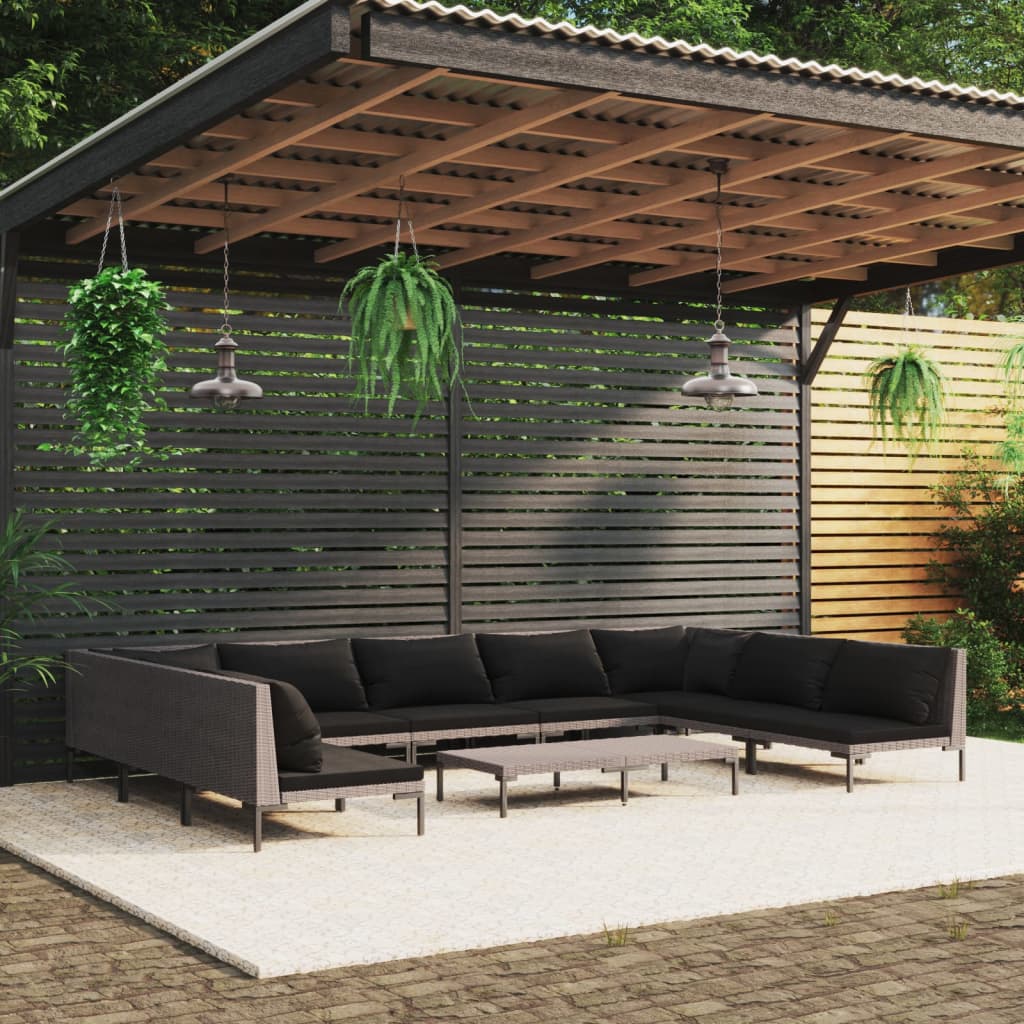 Divani da Giardino 10 pz con Cuscini in Polyrattan Grigio Scuro
