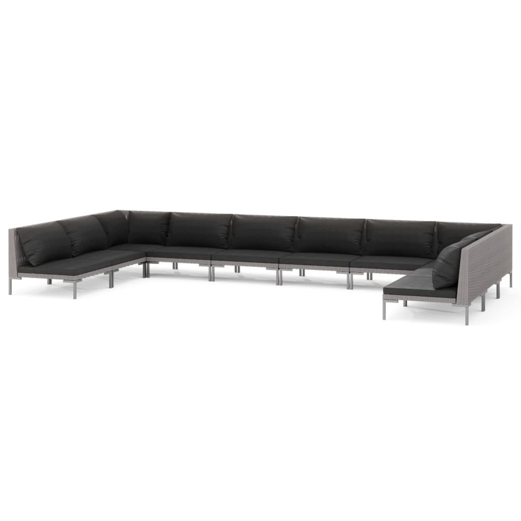 Divani da Giardino 10 pz con Cuscini in Polyrattan Grigio Scuro