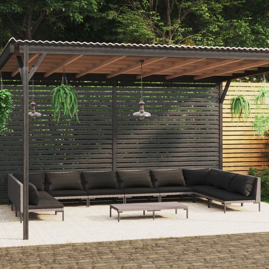 Divani da Giardino 11 pz con Cuscini in Polyrattan Grigio Scuro