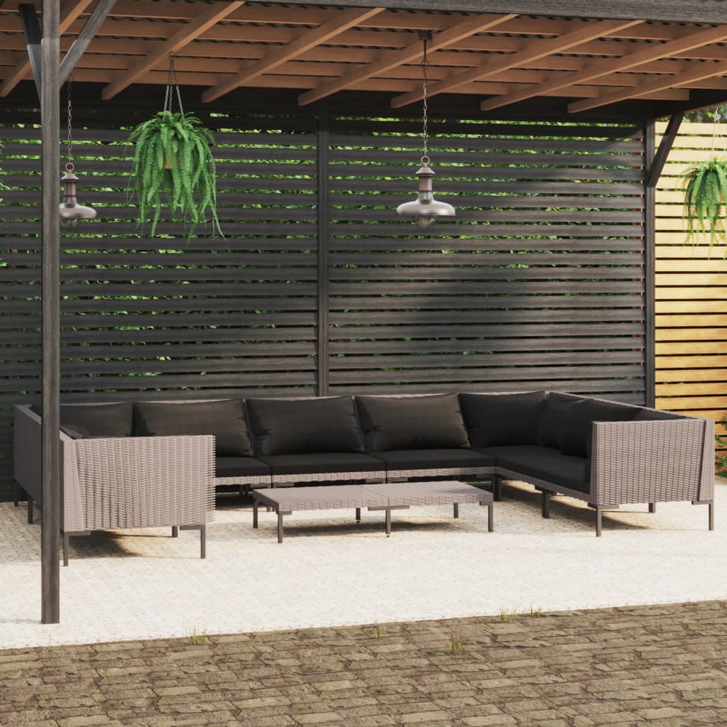 Divani da Giardino 10 pz con Cuscini in Polyrattan Grigio Scuro