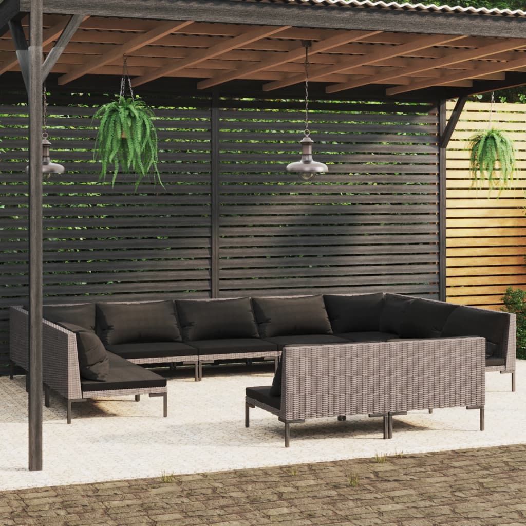 Divani da Giardino 11 pz con Cuscini in Polyrattan Grigio Scuro
