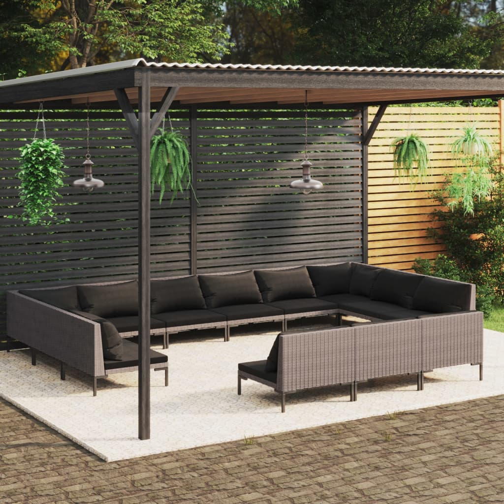 Set Divani da Giardino 13 pz Cuscini in Polyrattan Grigio Scuro