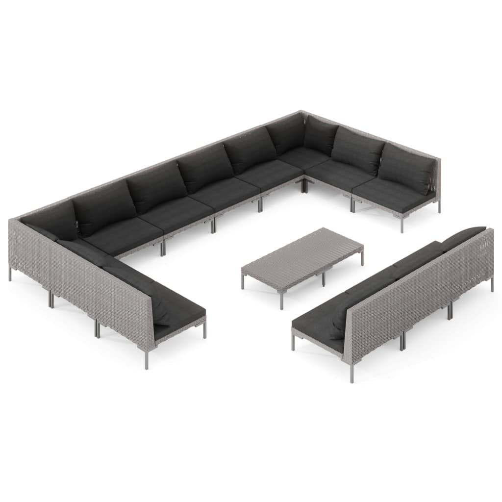 Set Divani da Giardino 14pz con Cuscini Polyrattan Grigio Scuro