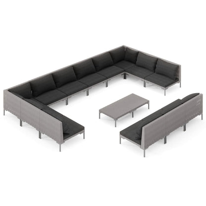 Set Divani da Giardino 14pz con Cuscini Polyrattan Grigio Scuro