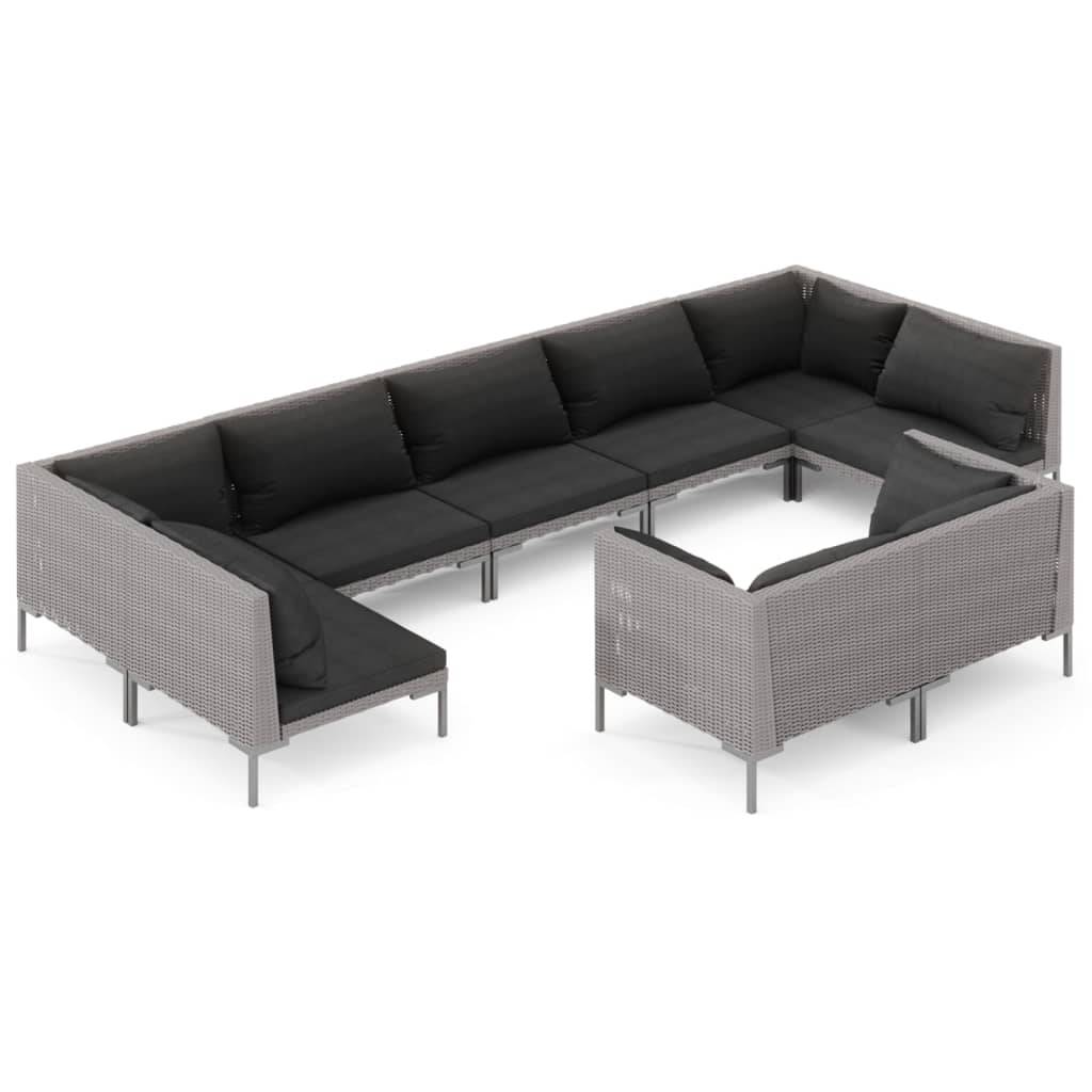 Set Divani da Giardino 9 pz con Cuscini Polyrattan Grigio Scuro