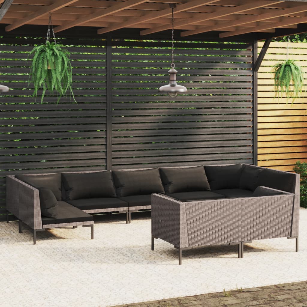 Set Divani da Giardino 9 pz con Cuscini Polyrattan Grigio Scuro