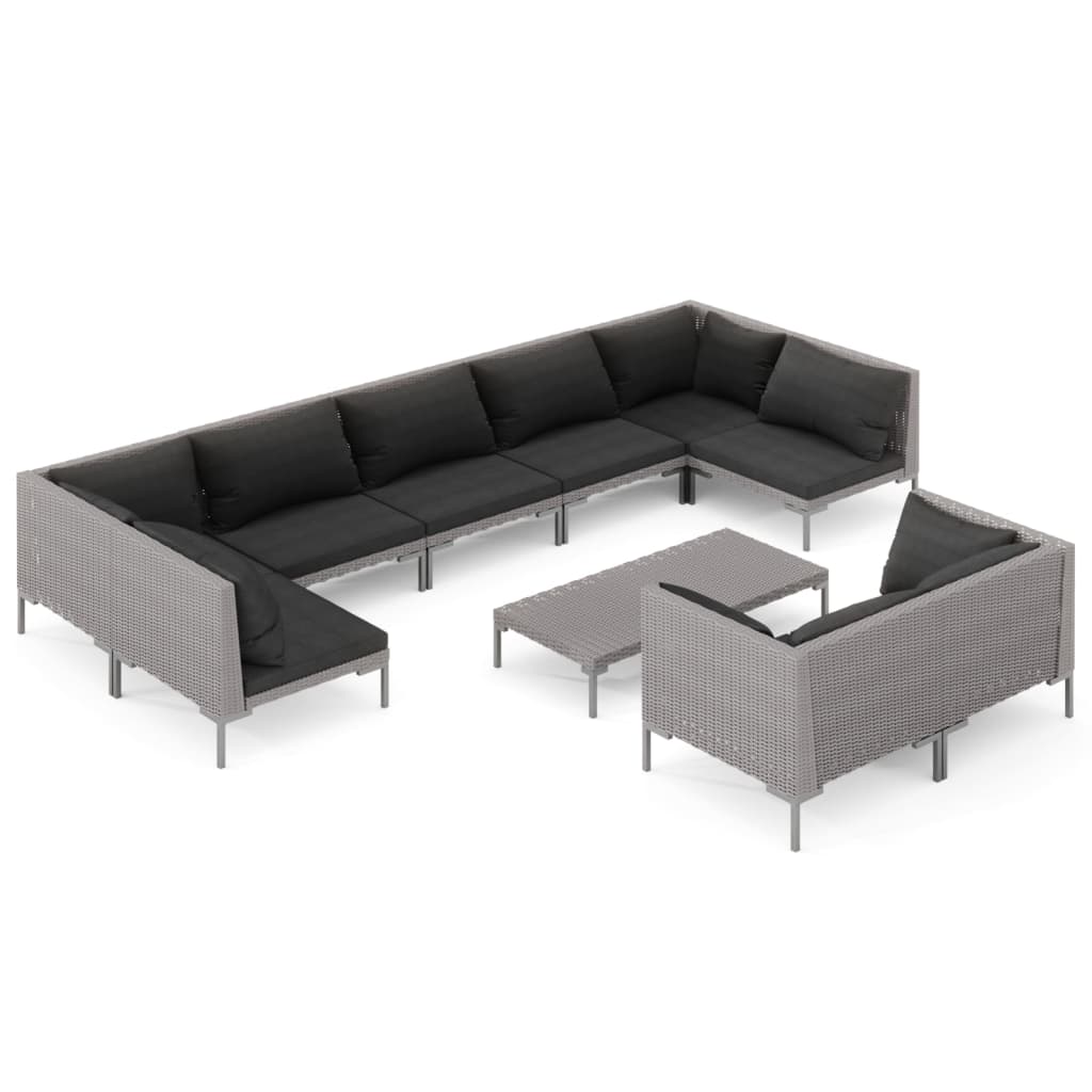Divani da Giardino 10 pz con Cuscini in Polyrattan Grigio Scuro