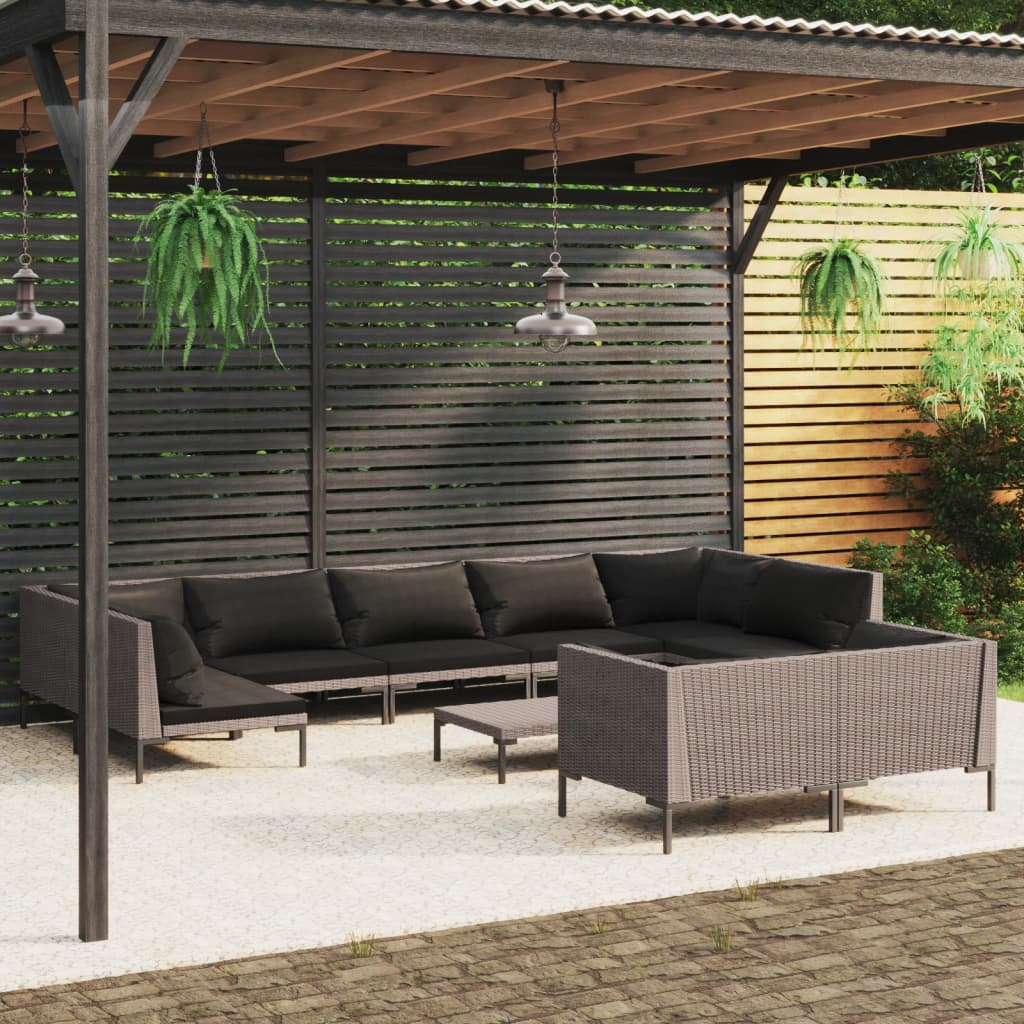 Divani da Giardino 10 pz con Cuscini in Polyrattan Grigio Scuro