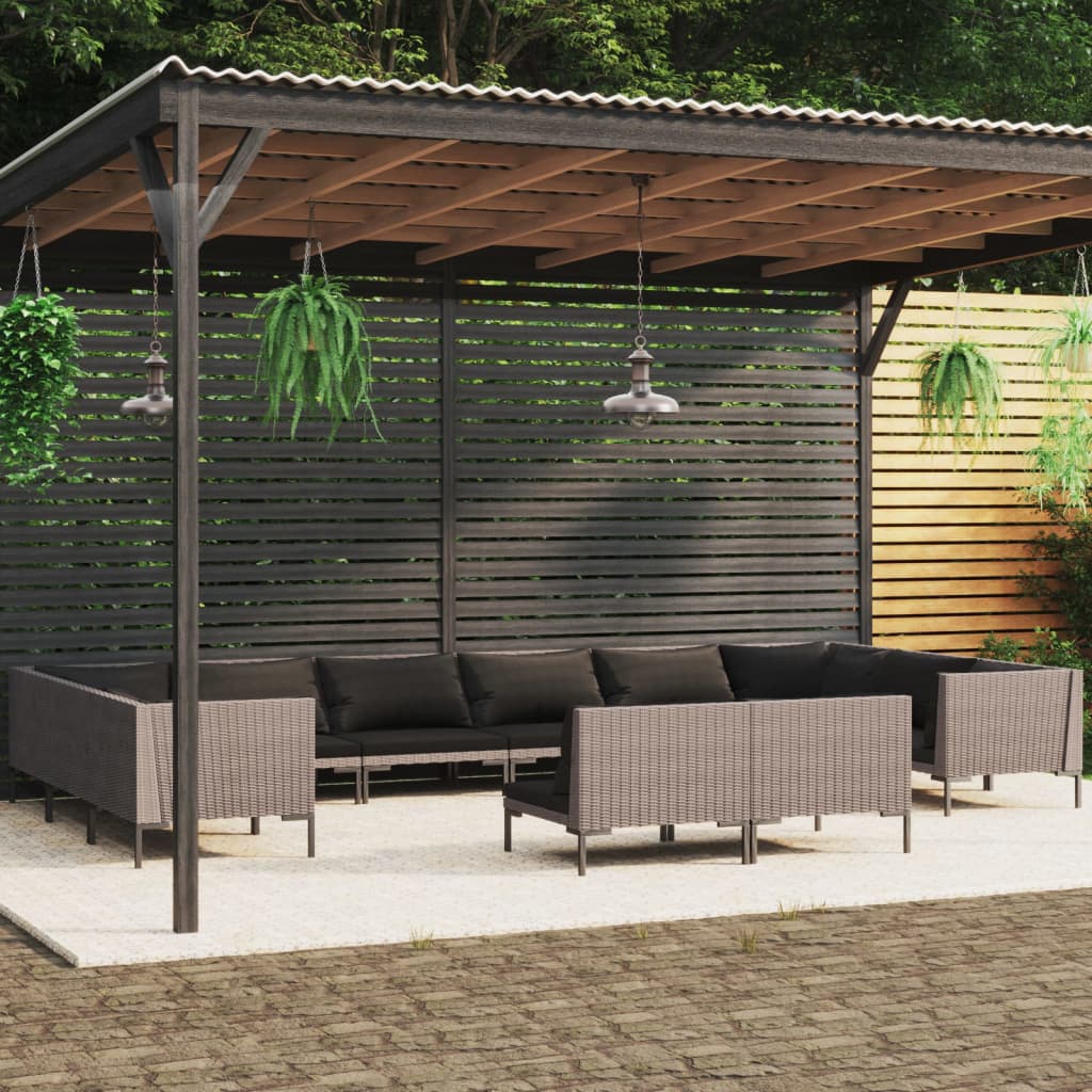 Divani da Giardino 12 pz con Cuscini in Polyrattan Grigio Scuro