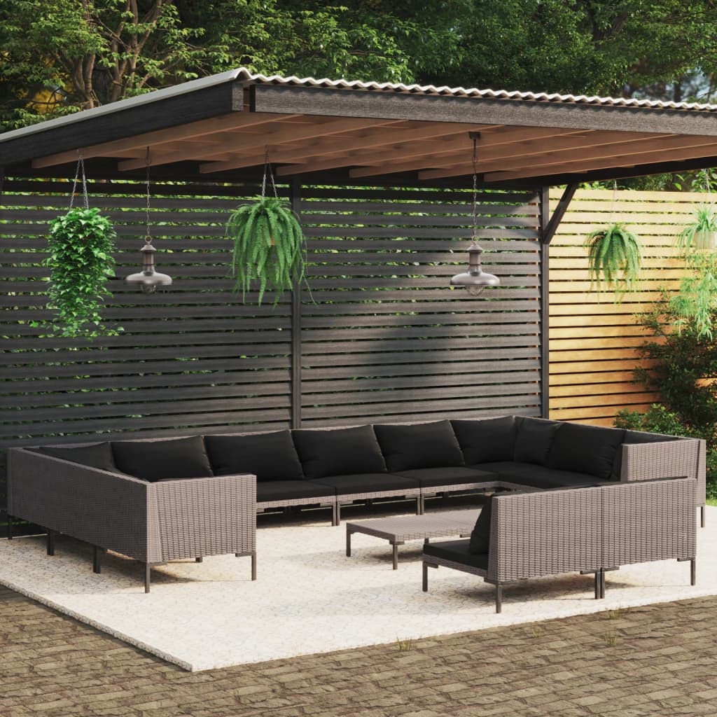Set Divani da Giardino 13 pz Cuscini in Polyrattan Grigio Scuro