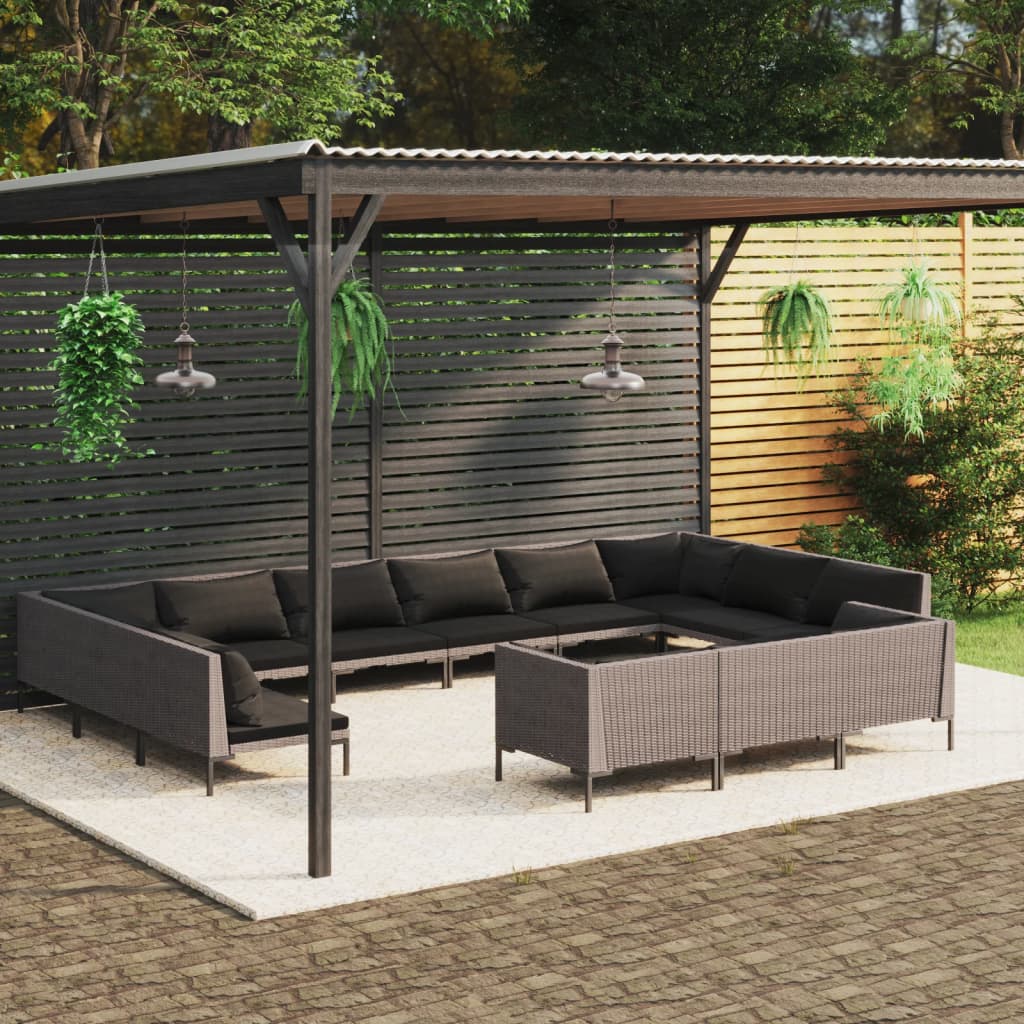 Set Divani da Giardino 13 pz Cuscini in Polyrattan Grigio Scuro