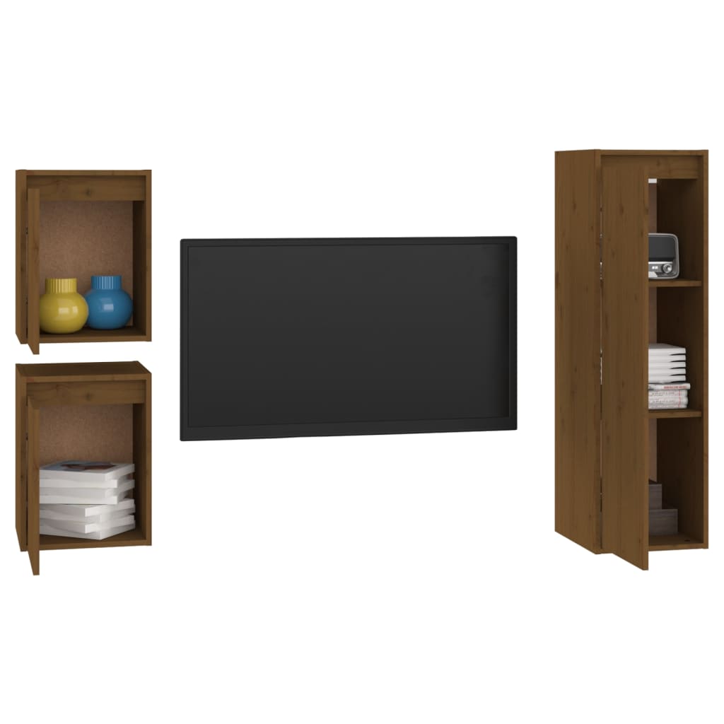 Mobili Porta TV 3 pz Marrone ambra in Legno Massello di Pino