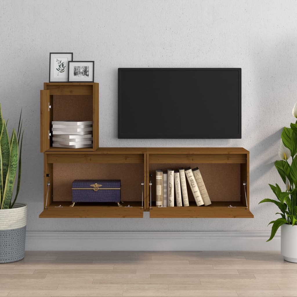 Mobili Porta TV 3 pz ambra in Legno Massello di Pino