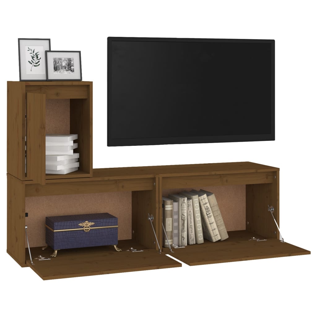 Mobili Porta TV 3 pz ambra in Legno Massello di Pino