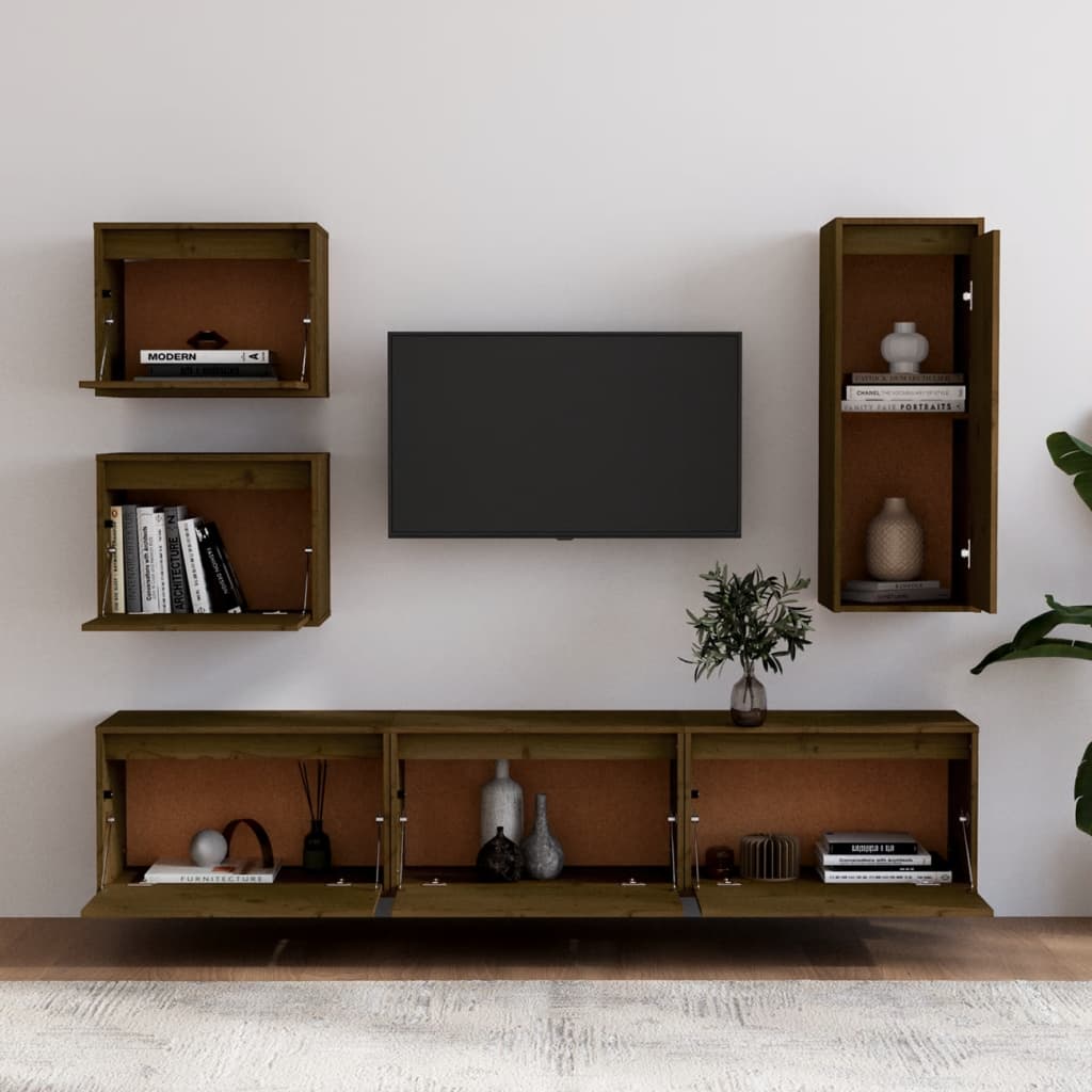 Mobili Porta TV 6 pz ambra in Legno Massello di Pino