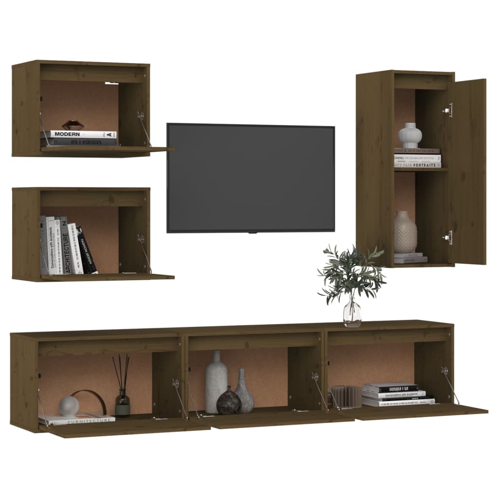 Mobili Porta TV 6 pz ambra in Legno Massello di Pino