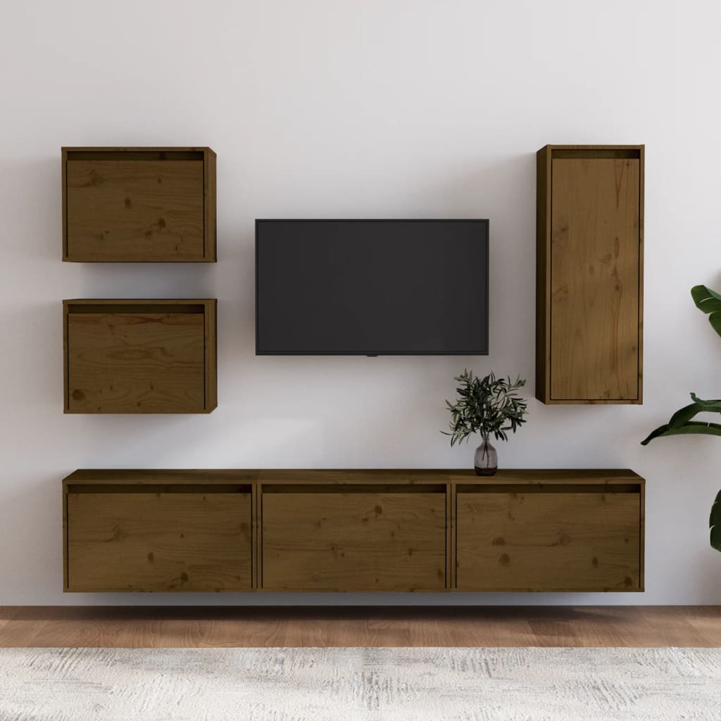 Mobili Porta TV 6 pz ambra in Legno Massello di Pino
