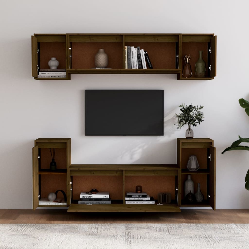 Mobili Porta TV 6 pz ambra in Legno Massello di Pino