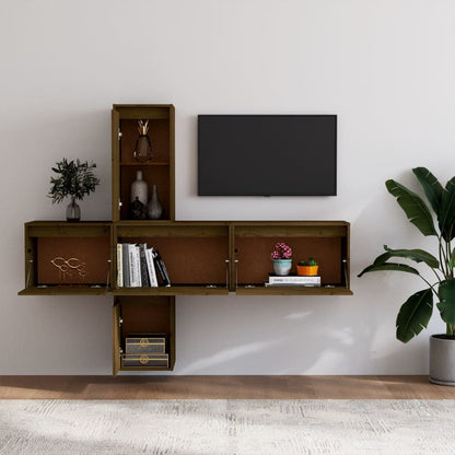Mobili Porta TV 5 pz ambra in Legno Massello di Pino