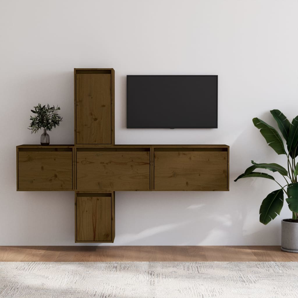 Mobili Porta TV 5 pz ambra in Legno Massello di Pino