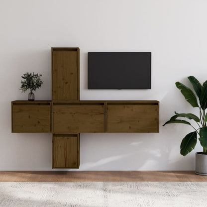 Mobili Porta TV 5 pz ambra in Legno Massello di Pino