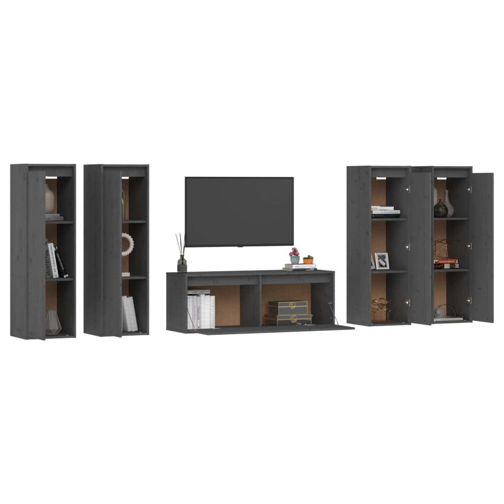Mobili Porta TV 5 pz Grigi in Legno Massello di Pino