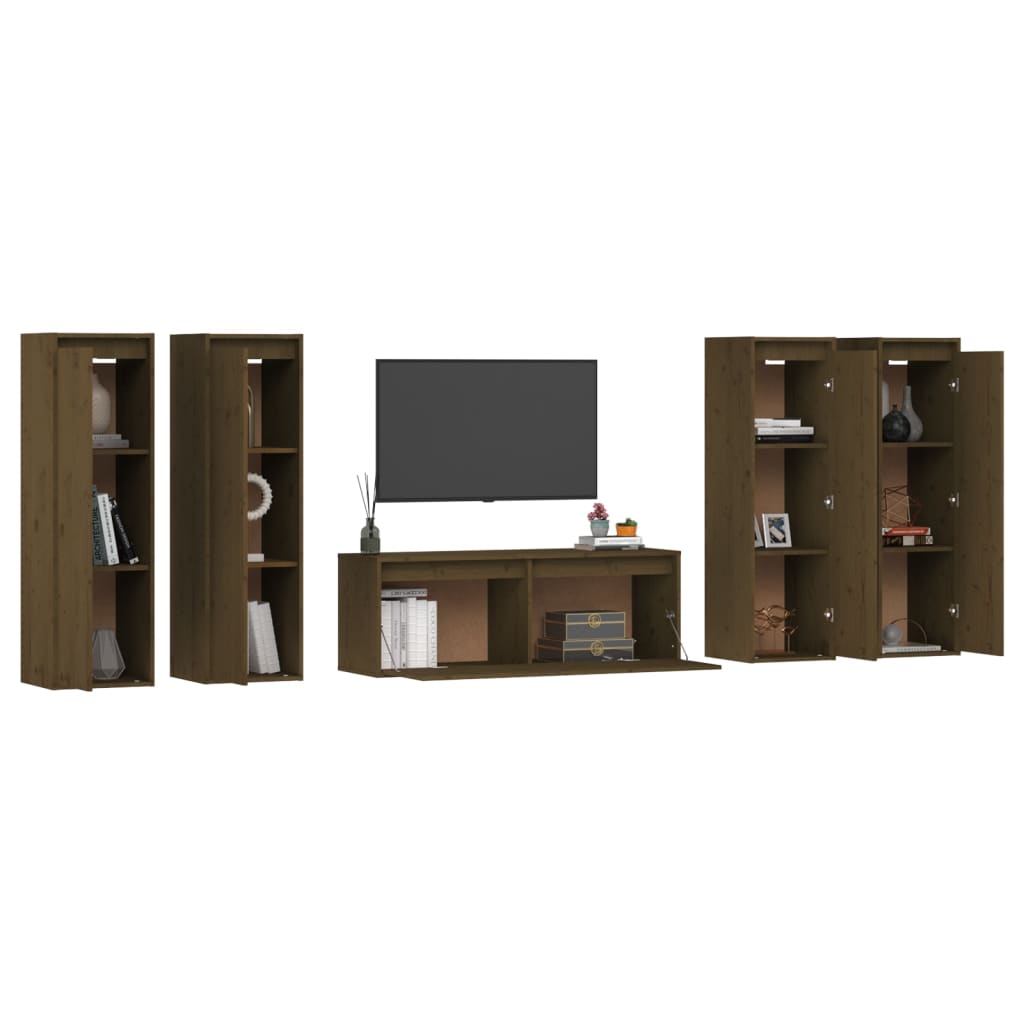 Mobili Porta TV 5 pz ambra in Legno Massello di Pino