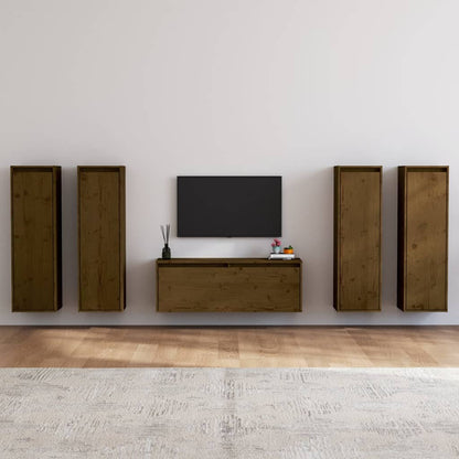 Mobili Porta TV 5 pz ambra in Legno Massello di Pino