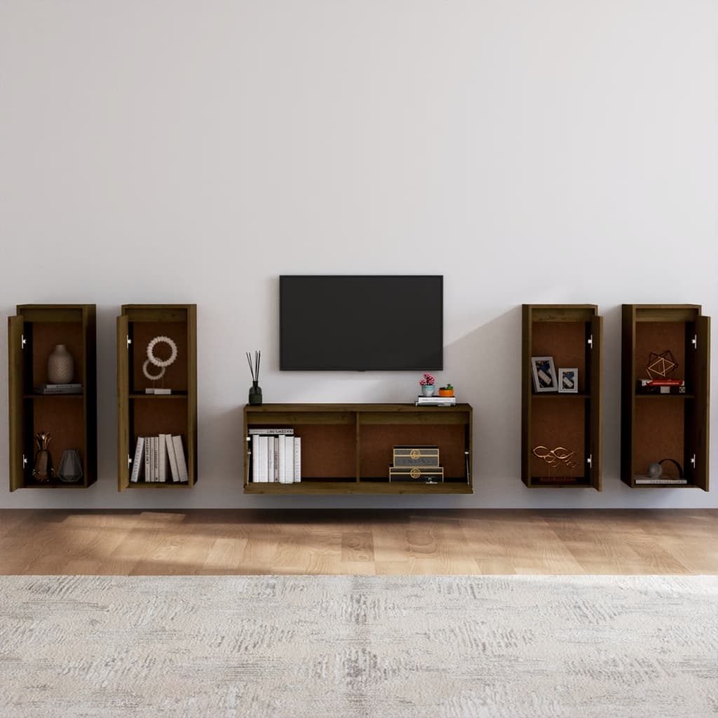 Mobili Porta TV 5 pz ambra in Legno Massello di Pino