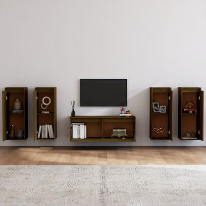 Mobili Porta TV 5 pz ambra in Legno Massello di Pino