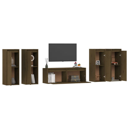 Mobili Porta TV 5 pz ambra in Legno Massello di Pino