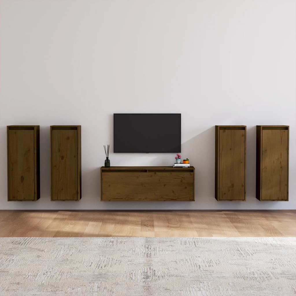 Mobili Porta TV 5 pz ambra in Legno Massello di Pino