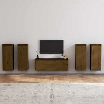 Mobili Porta TV 5 pz ambra in Legno Massello di Pino