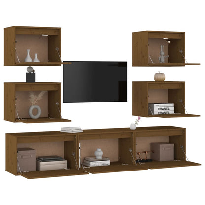 Mobili Porta TV 7 pz ambra in Legno Massello di Pino