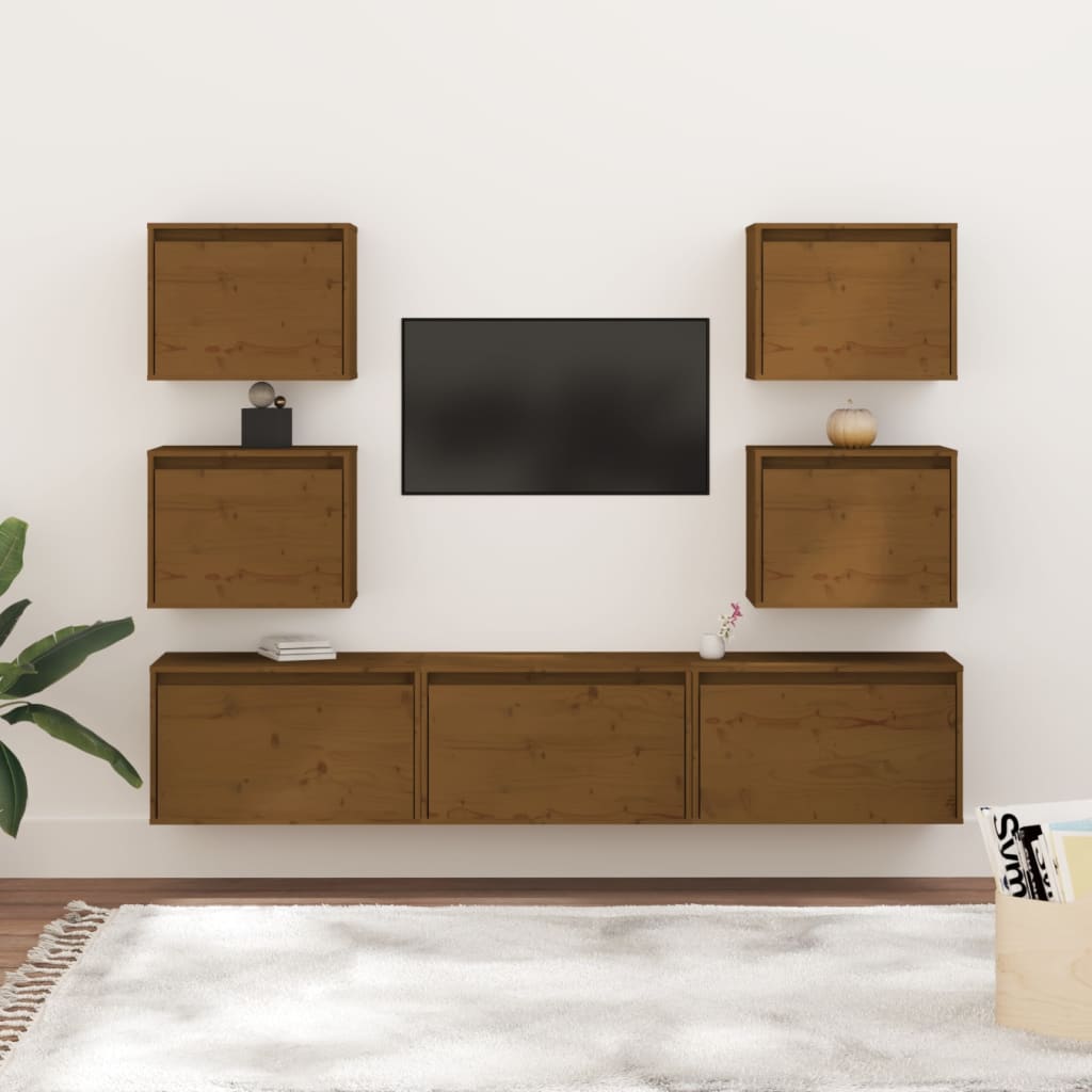 Mobili Porta TV 7 pz ambra in Legno Massello di Pino