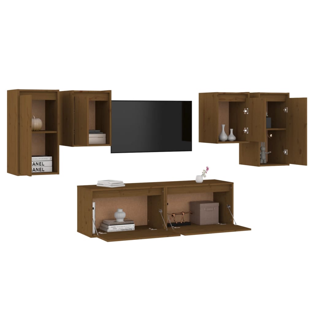 Mobili Porta TV 6 pz ambra in Legno Massello di Pino