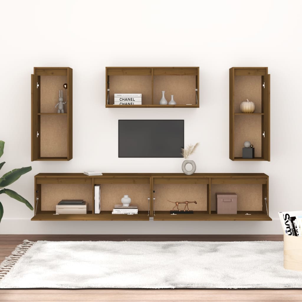 Mobili Porta TV 5 pz ambra in Legno Massello di Pino