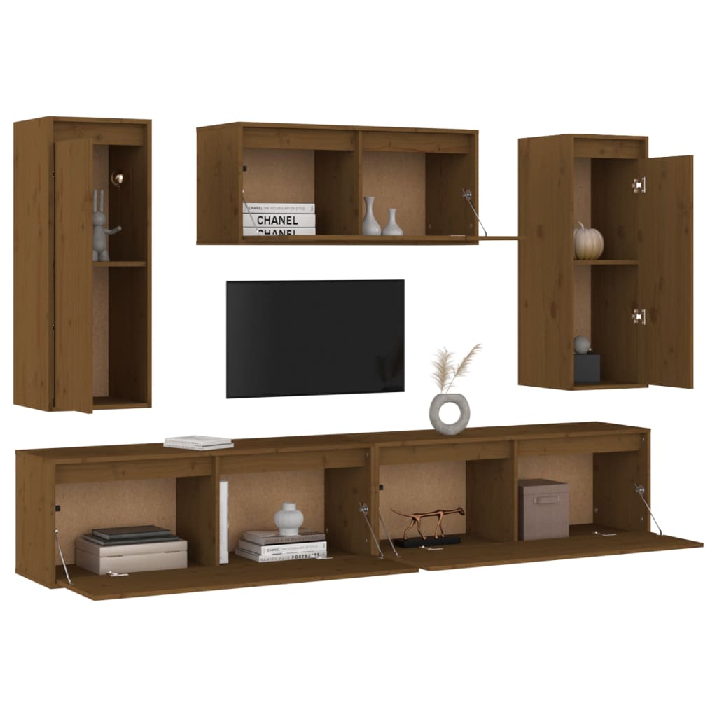 Mobili Porta TV 5 pz ambra in Legno Massello di Pino