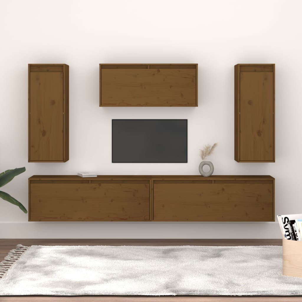 Mobili Porta TV 5 pz ambra in Legno Massello di Pino