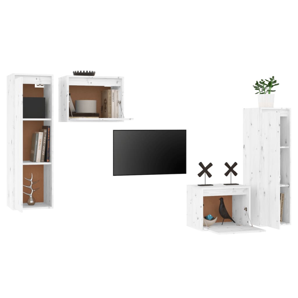 Mobili Porta TV 4 pz Bianchi in Legno Massello di Pino