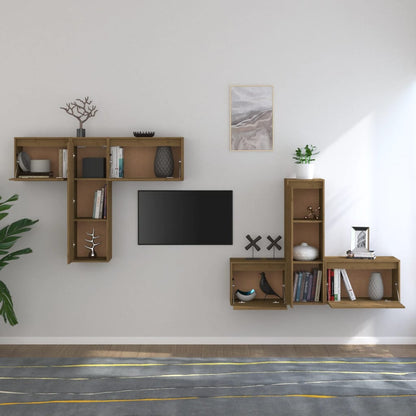 Mobili Porta TV 6 pz ambra in Legno Massello di Pino